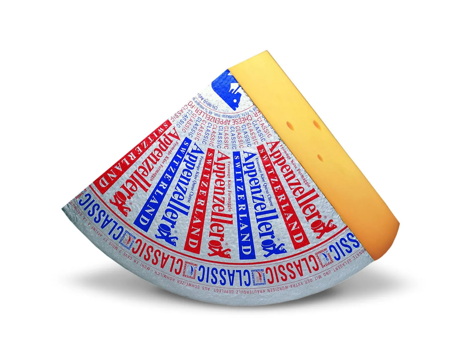 A wedge of Appenzeller Classic with its printed label rind