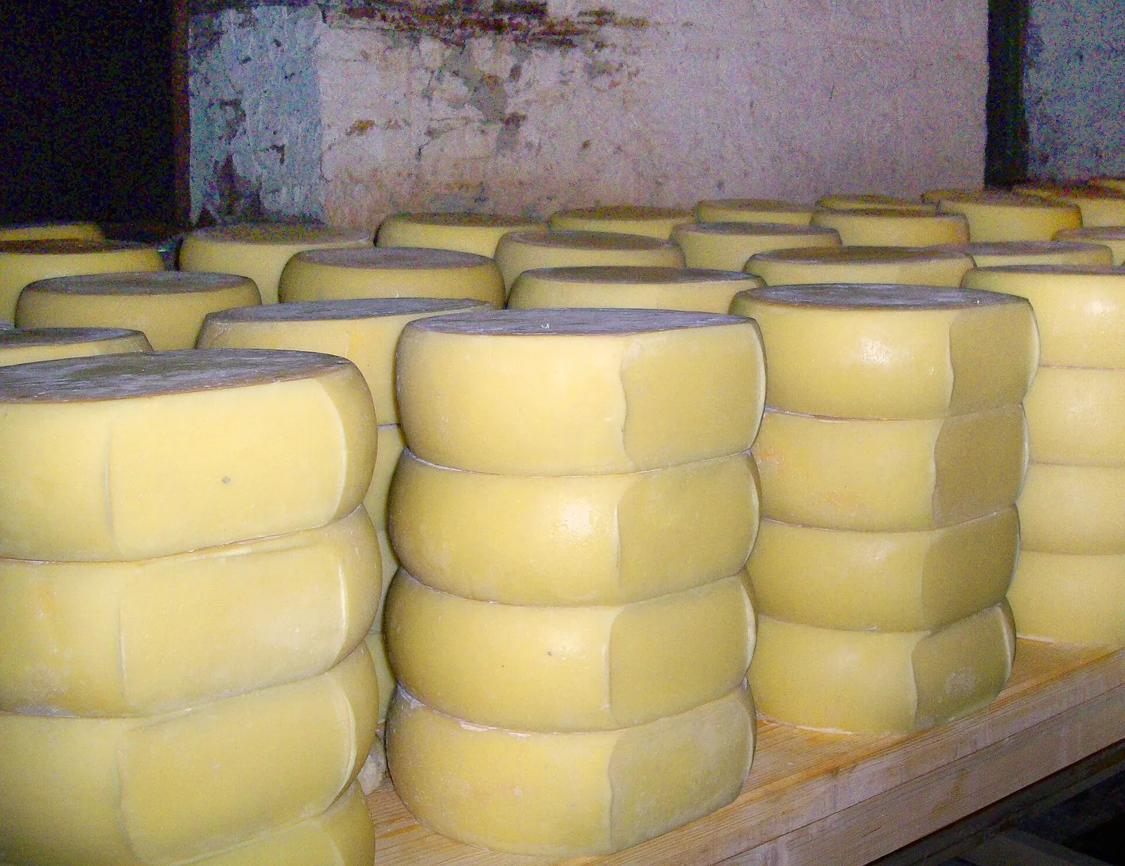 Stacked pale yellow wheels of kashkaval at a market in North Macedonia