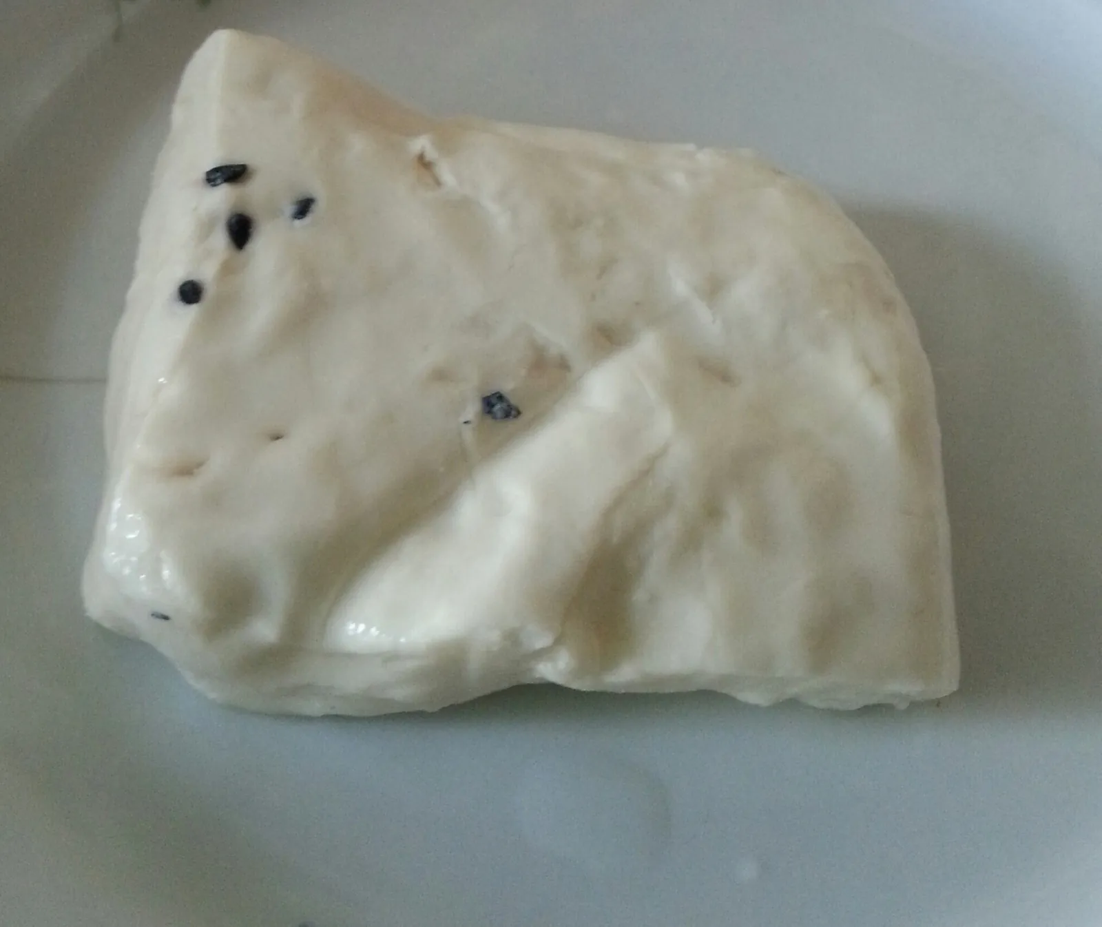 A piece of white Nabulsi cheese dotted with black nigella seeds on a plate