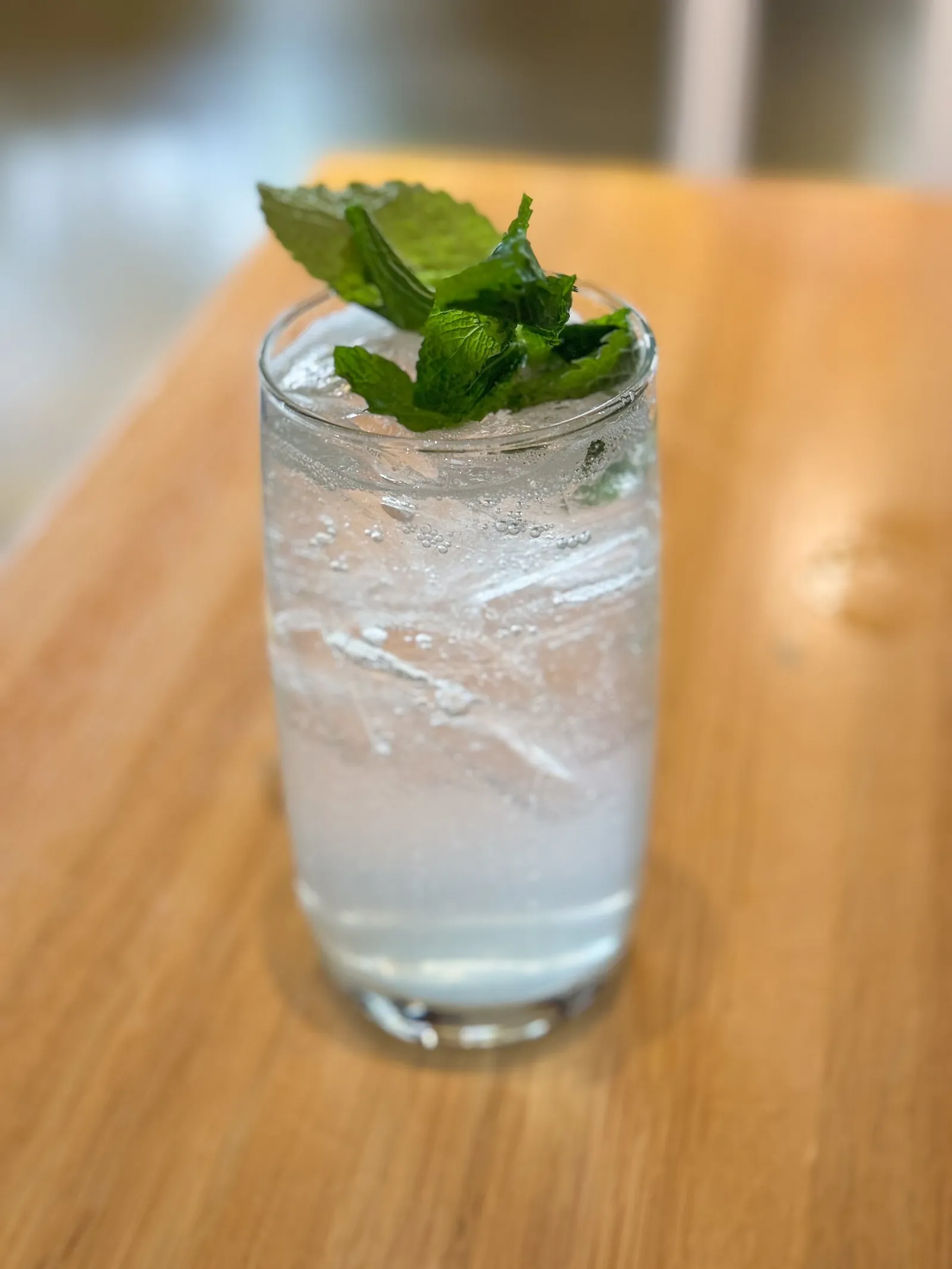 A tall glass of sparkling water with ice and a sprig of fresh mint on a wooden table.
