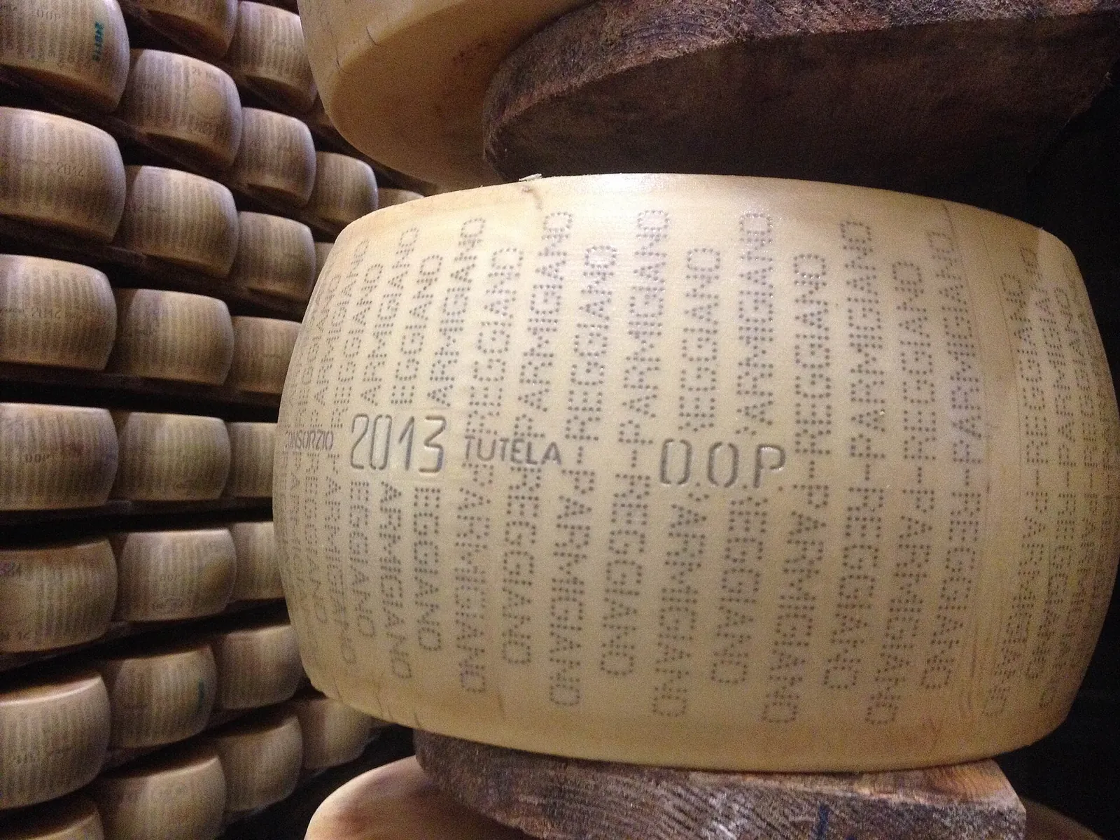 Wheels of Parmigiano-Reggiano aging on shelves, with dotted lettering on the rinds