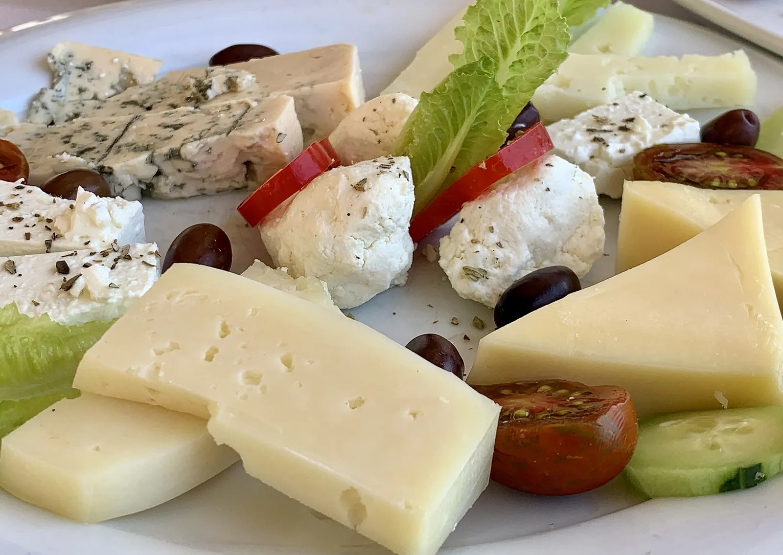 A white plate of sliced cheeses, soft white rounds, black olives, tomato and lettuce arranged from above.