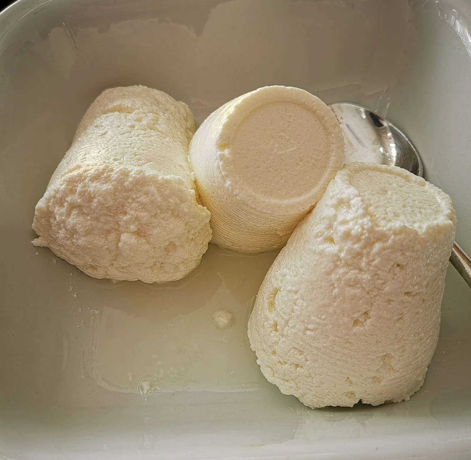 Three molded rounds of fresh white ricotta resting in a white dish with a spoon beside them.