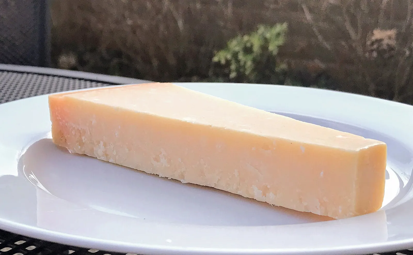 A thin wedge of Parmigiano-Reggiano on a white plate on an outdoor table, its hard rind along the outer edge.